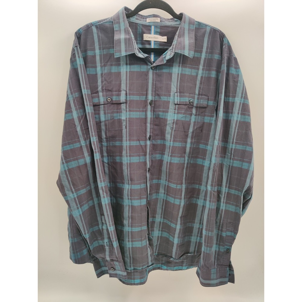Calvin Klein Mens Size XXL Plaid Button Down Shirt Grey Teal Long Sleeve Cotton